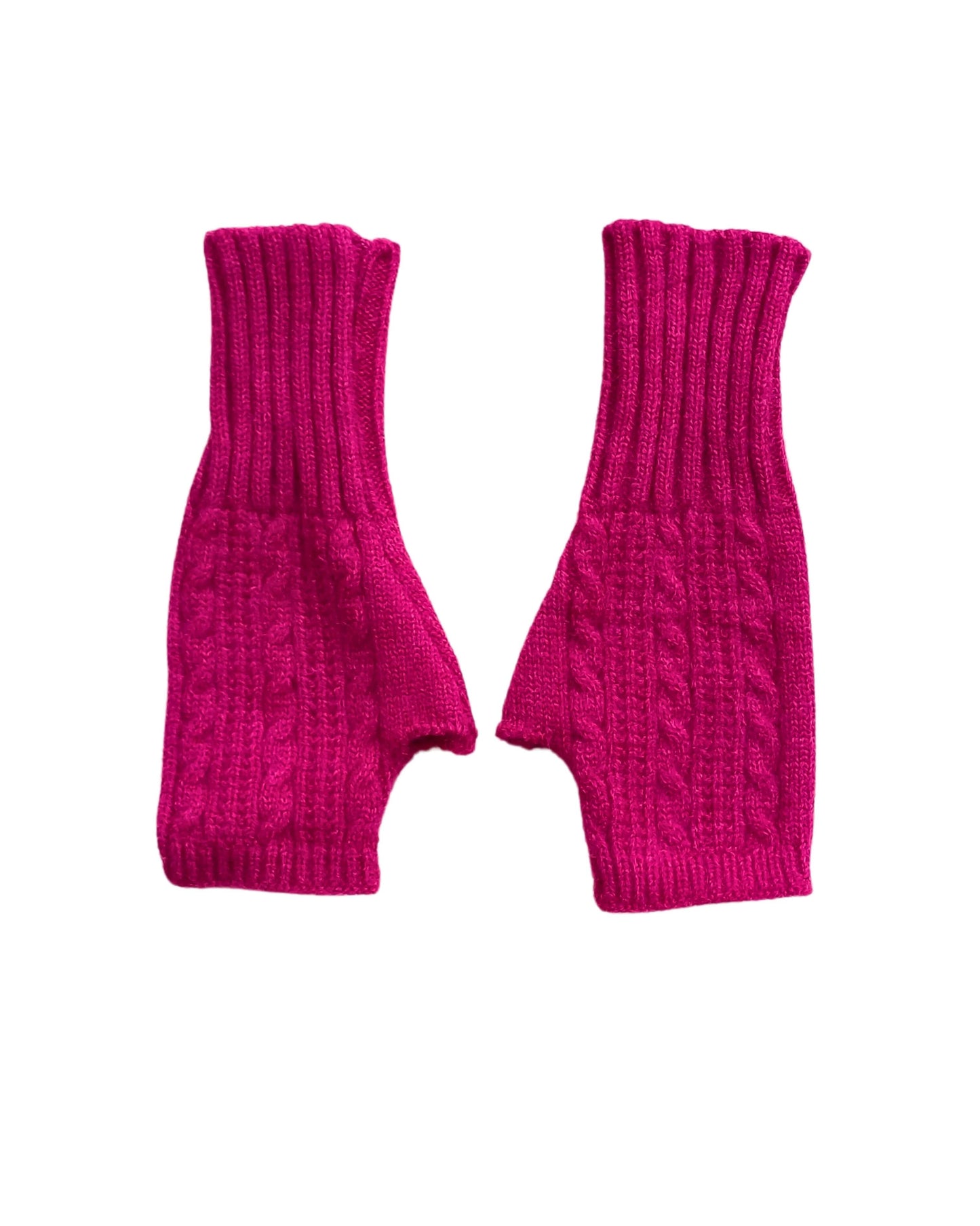 Aurora's Array: Fuchsia-Pink-Knitted-Fingerless-Gloves-Flat-Lay