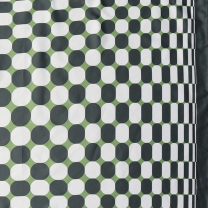 Aurora's Array: Close-up of a small square satin scarf with a geometric pattern of white dots on a dark green background, featuring a border design of clustered white dots on the right edge.