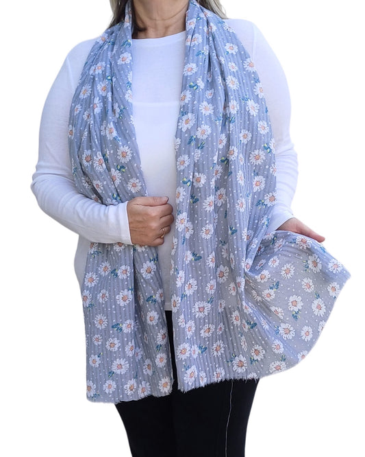 Grey-Cotton-Scarf-with-Daisy-Flowers-on-a-model