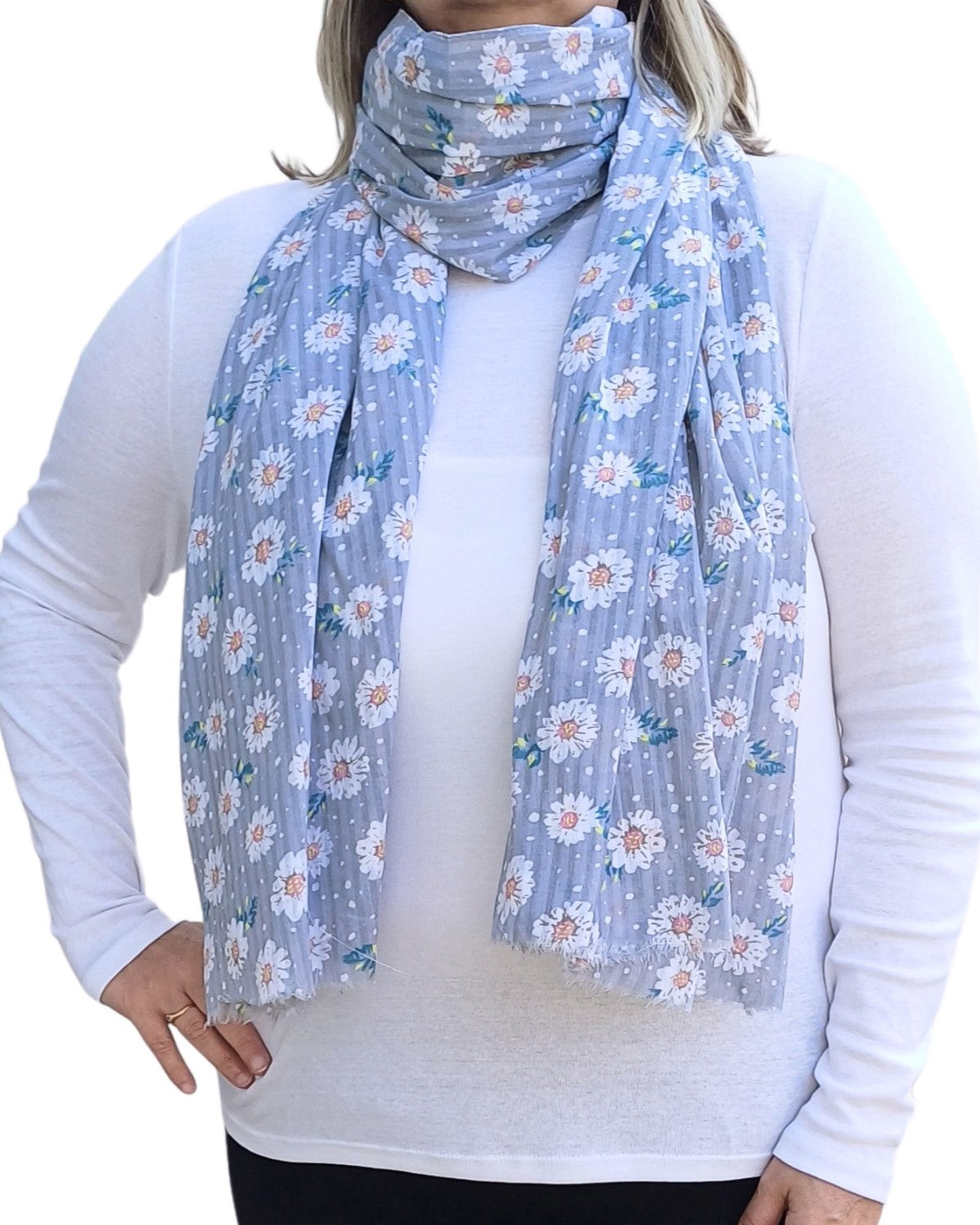 Grey-Cotton-Scarf-with-Daisy-Flowers-on-model