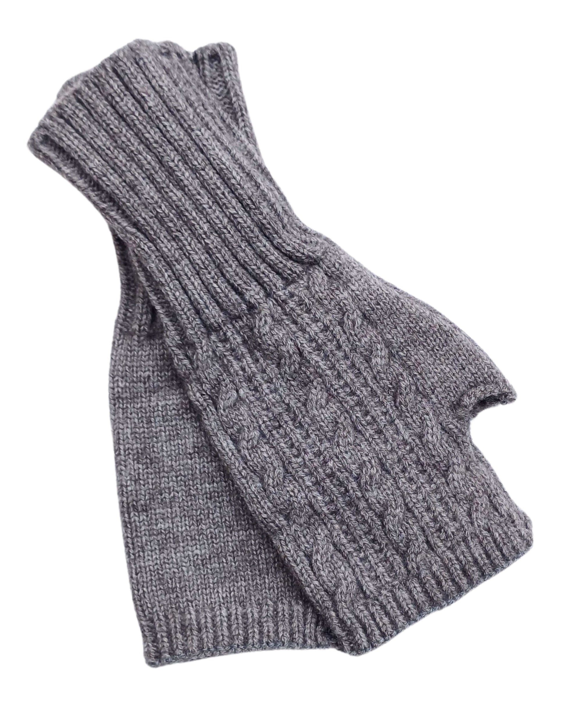 Aurora's Array: Grey-Knitted-Fingerless-Gloves-Flat-Lay-Close-up
