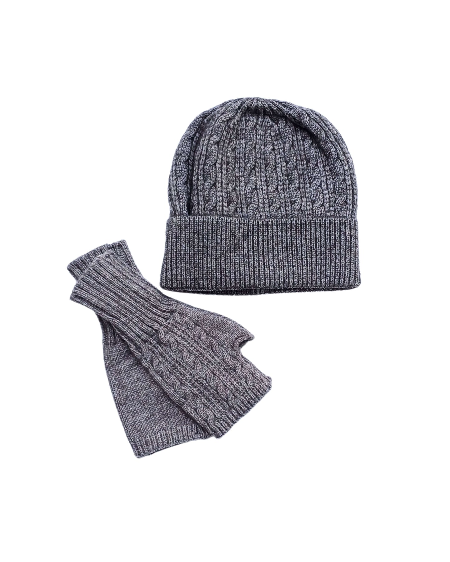 Aurora's Array Forest Green Wool Mix Beanie and Fingerless Gloves Set: A matching set of a grey knitted beanie hat with a ribbed brim and a pair of fingerless gloves with a ribbed texture and a cable knit detail on the gloves