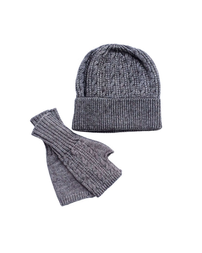 Aurora's Array Forest Green Wool Mix Beanie and Fingerless Gloves Set: A matching set of a grey knitted beanie hat with a ribbed brim and a pair of fingerless gloves with a ribbed texture and a cable knit detail on the gloves