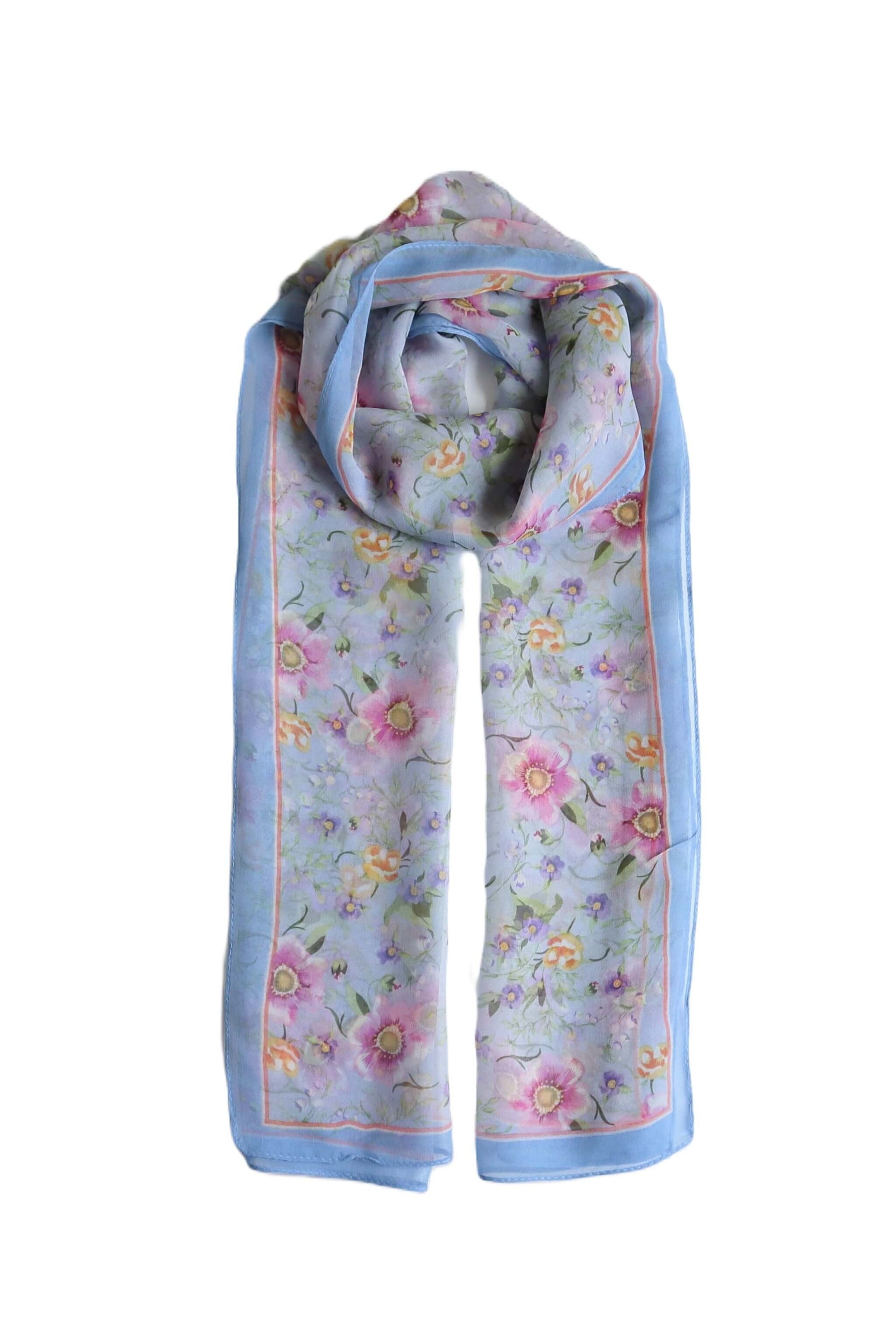 Silky Soft Floral Chiffon Scarf - 30g-floral-chiffon-scarf-silky-soft-vibrant-print-orange-blue-grey-edge-Scarf
