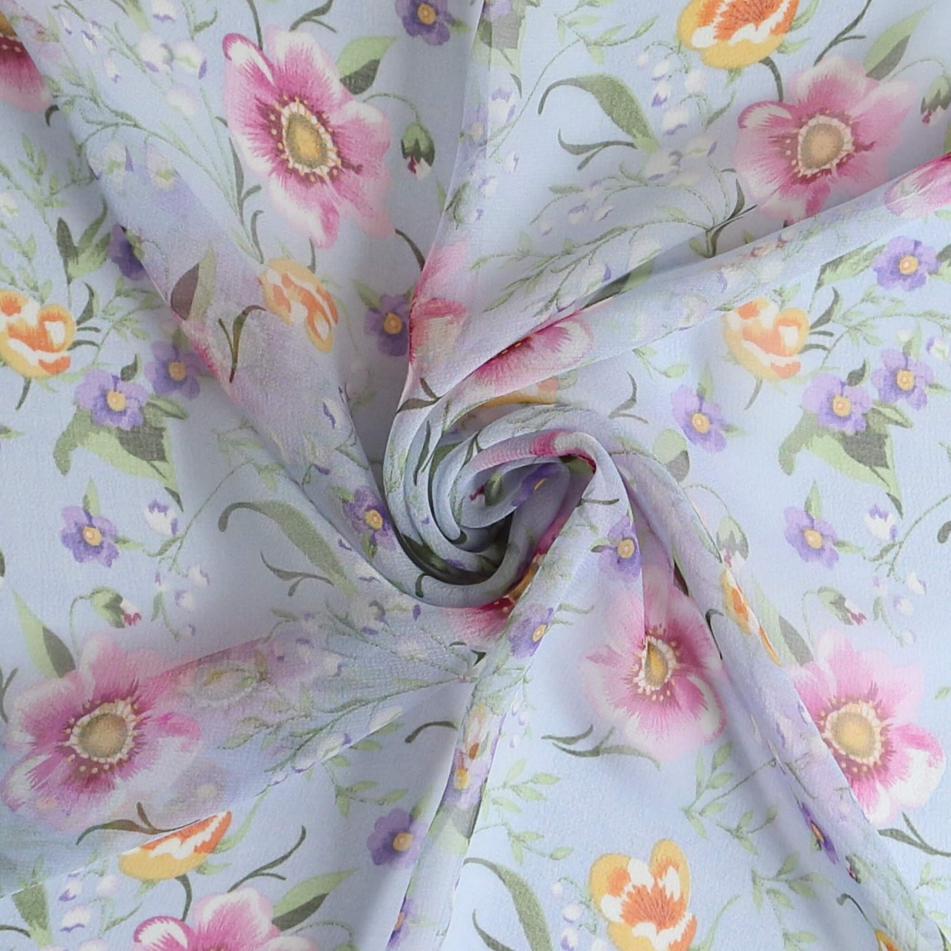 Silky Soft Floral Chiffon Scarf - 30g-floral-chiffon-scarf-silky-soft-vibrant-print-orange-blue-grey-edge-Scarf