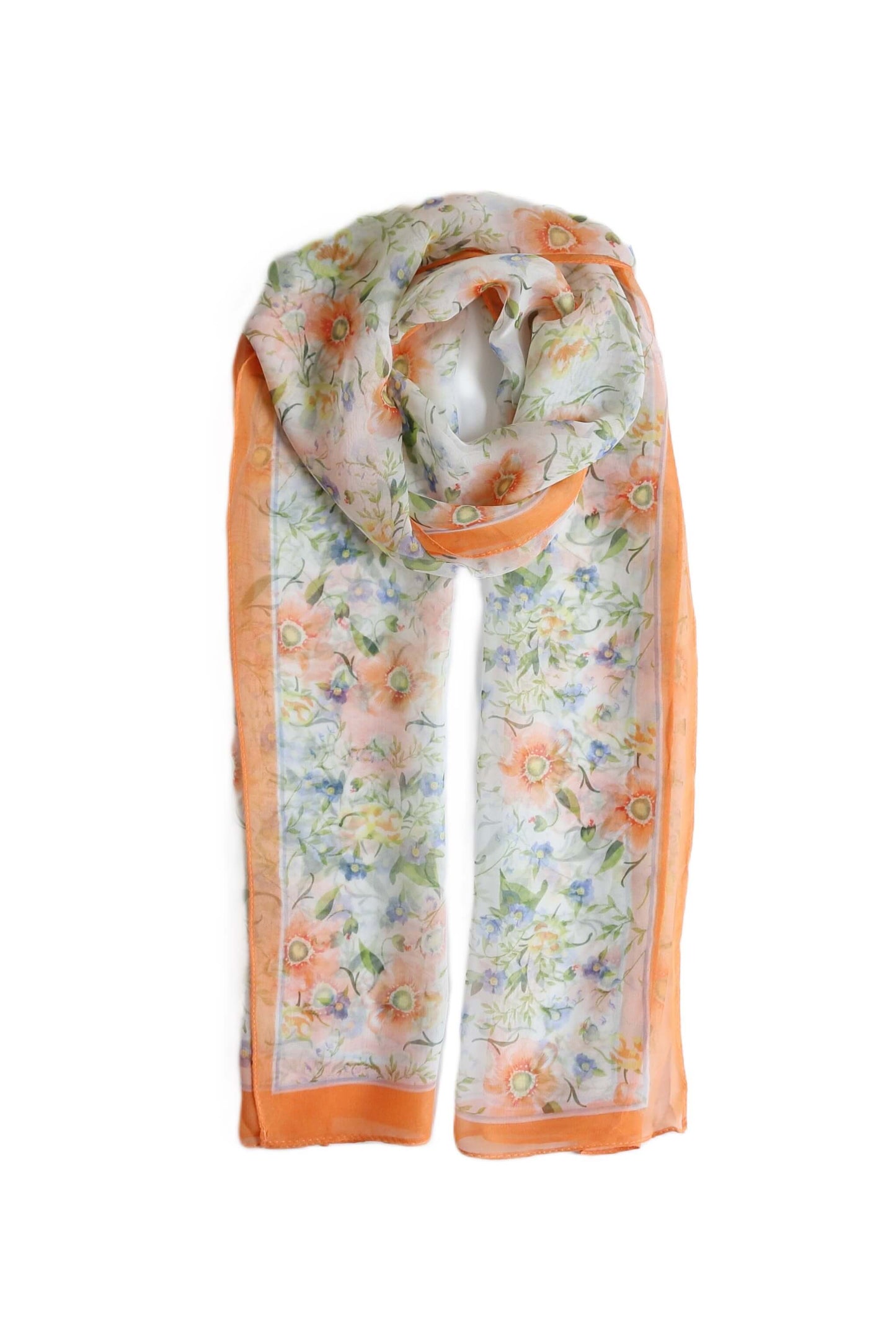 Silky Soft Floral Chiffon Scarf - 30g-floral-chiffon-scarf-silky-soft-vibrant-print-orange-blue-grey-edge-Scarf