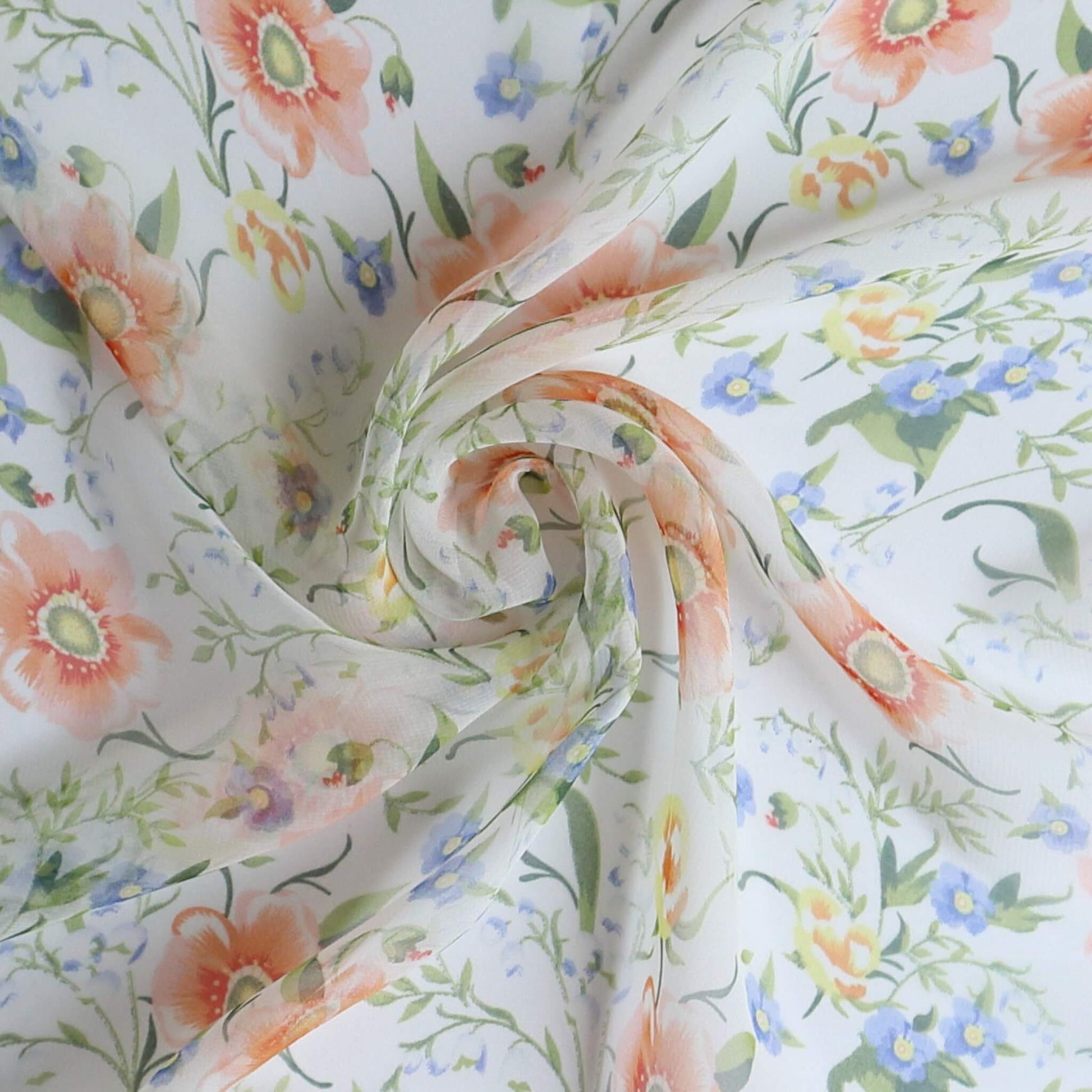 Silky Soft Floral Chiffon Scarf - 30g-floral-chiffon-scarf-silky-soft-vibrant-print-orange-blue-grey-edge-Scarf