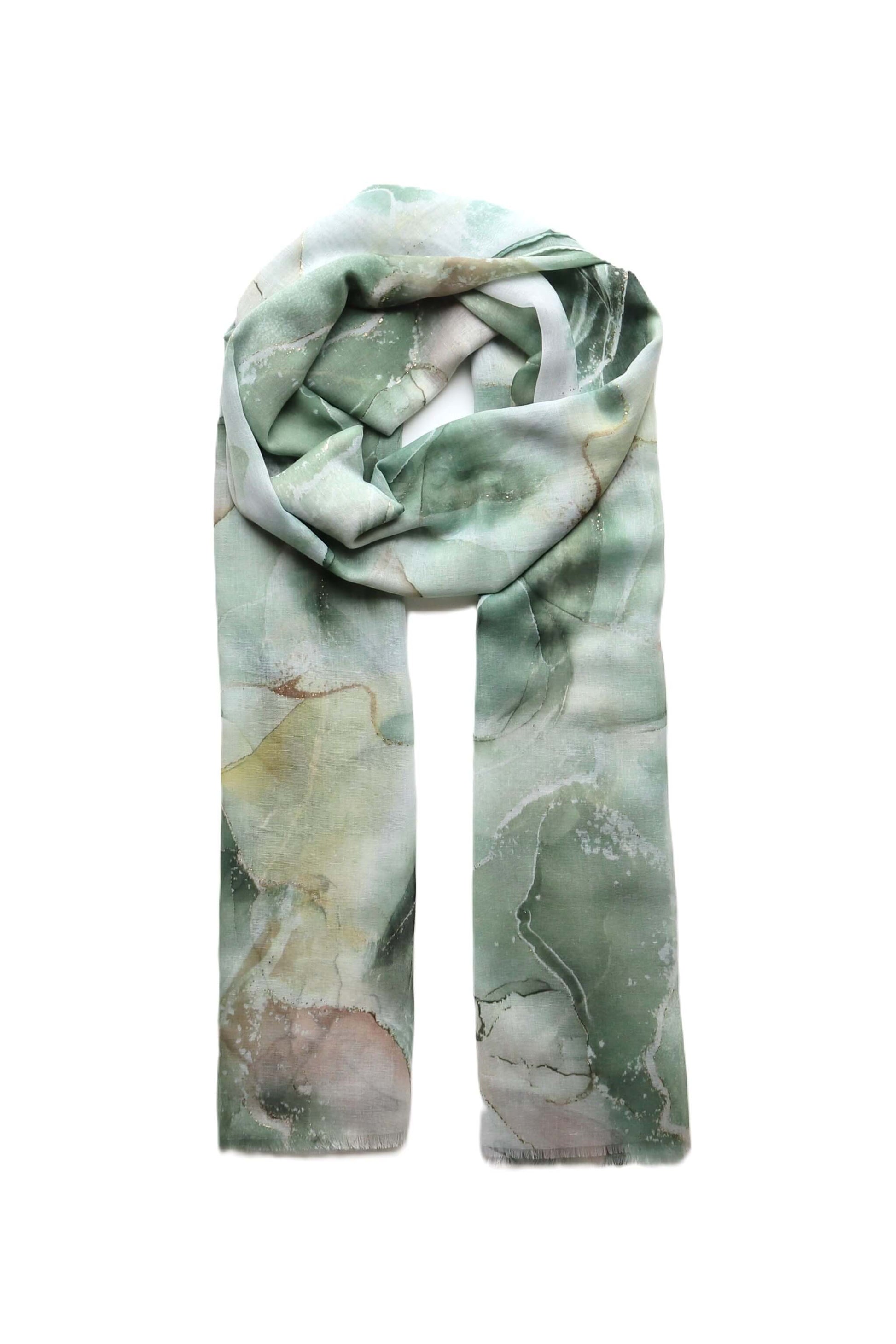Lightweight summer scarf with a stylish marble pattern in green, blue, and cream, featuring subtle rose gold foil details. Elegant and soft.
