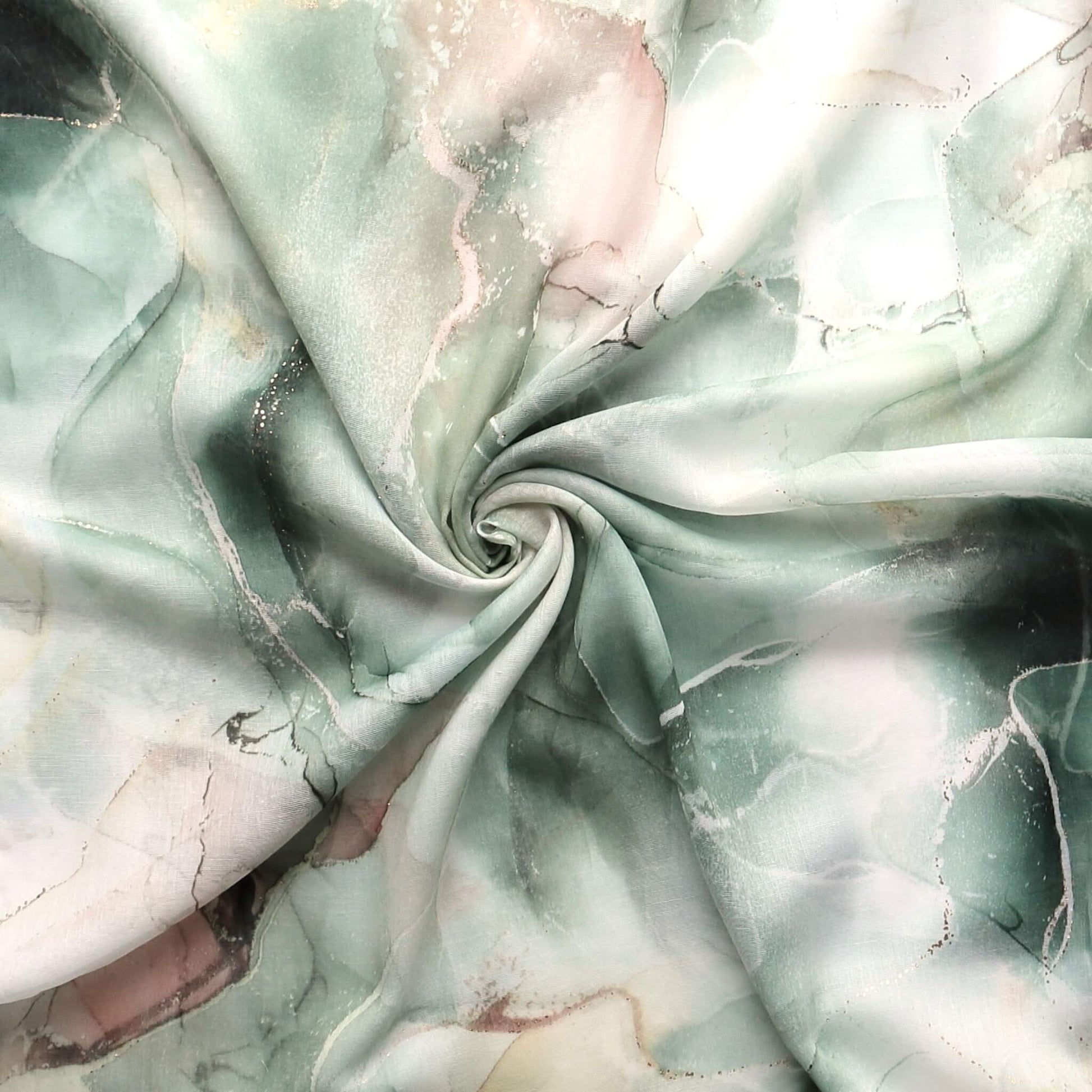 Lightweight scarf fabric with a flowing marble effect in green, blue, cream, and subtle rose gold foil accents. Soft summer material.