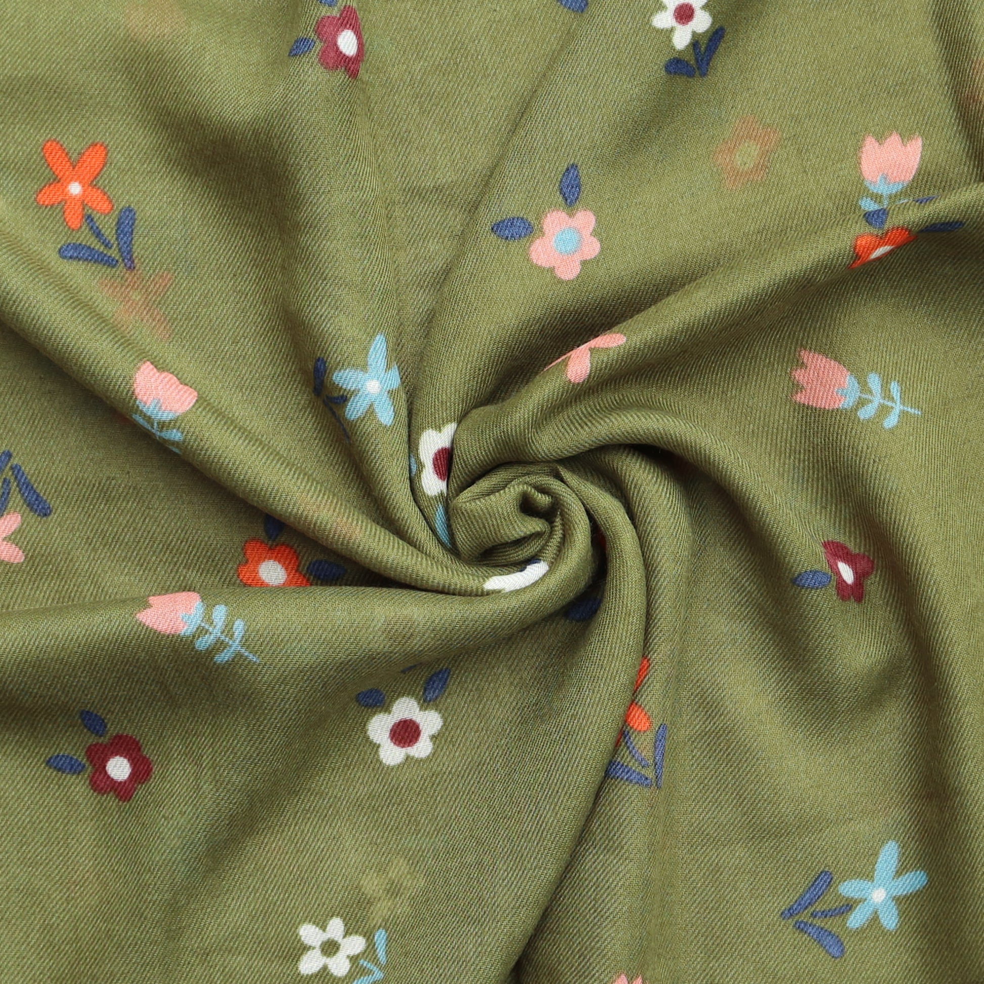Aurora's Array: Swirls of soft olive green fabric with a delicate pattern of small flowers in various pastel and muted colours.
