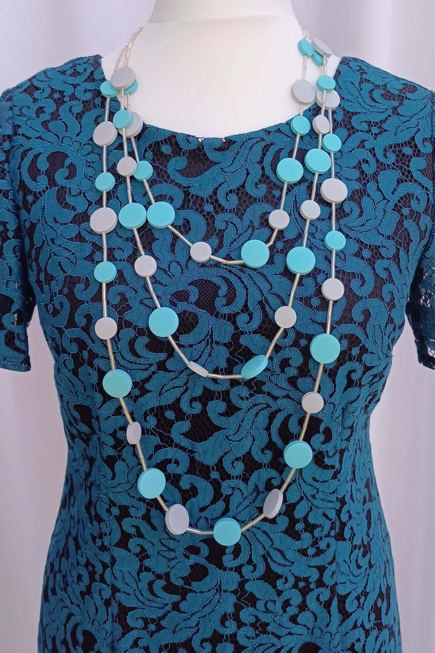 Two-Tone 3-Line Adjustable Length Statement Necklace - two-tone-blue-3-line-adjustable-length-statement-necklace-Necklaces