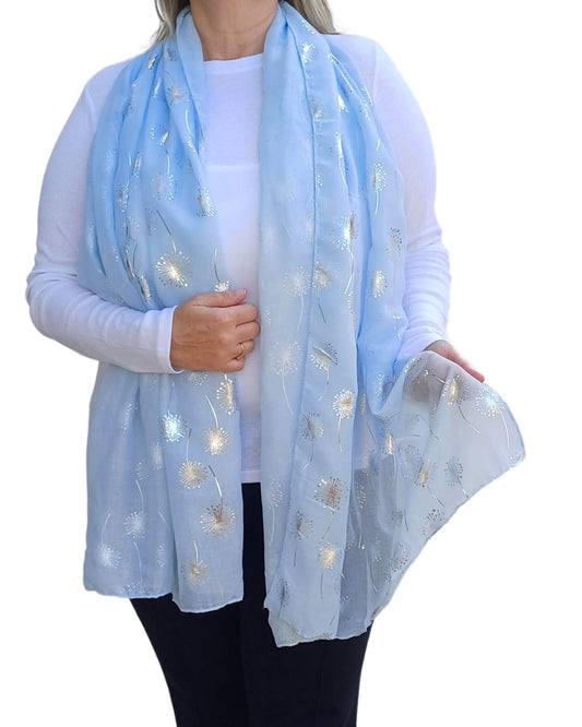 Silver Dandelion Print Scarf – Lightweight Soft Cotton-Viscose Blend with Metallic Foil