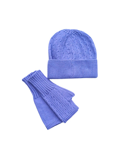 Aurora's Array Lavender Wool Mix Beanie and Fingerless Gloves Set: A matching set of a lavender knitted beanie hat with a ribbed brim and a pair of fingerless gloves with a ribbed texture and a cable knit detail on the gloves.