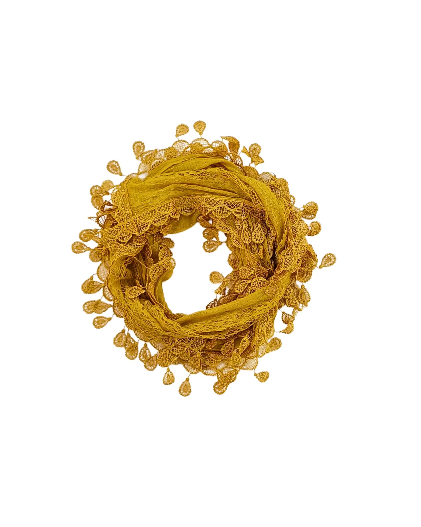 Aurora's Array: A mustard yellow scarf made of delicate lace with a leaf-like pattern and fringed edges, forming a circular shape.