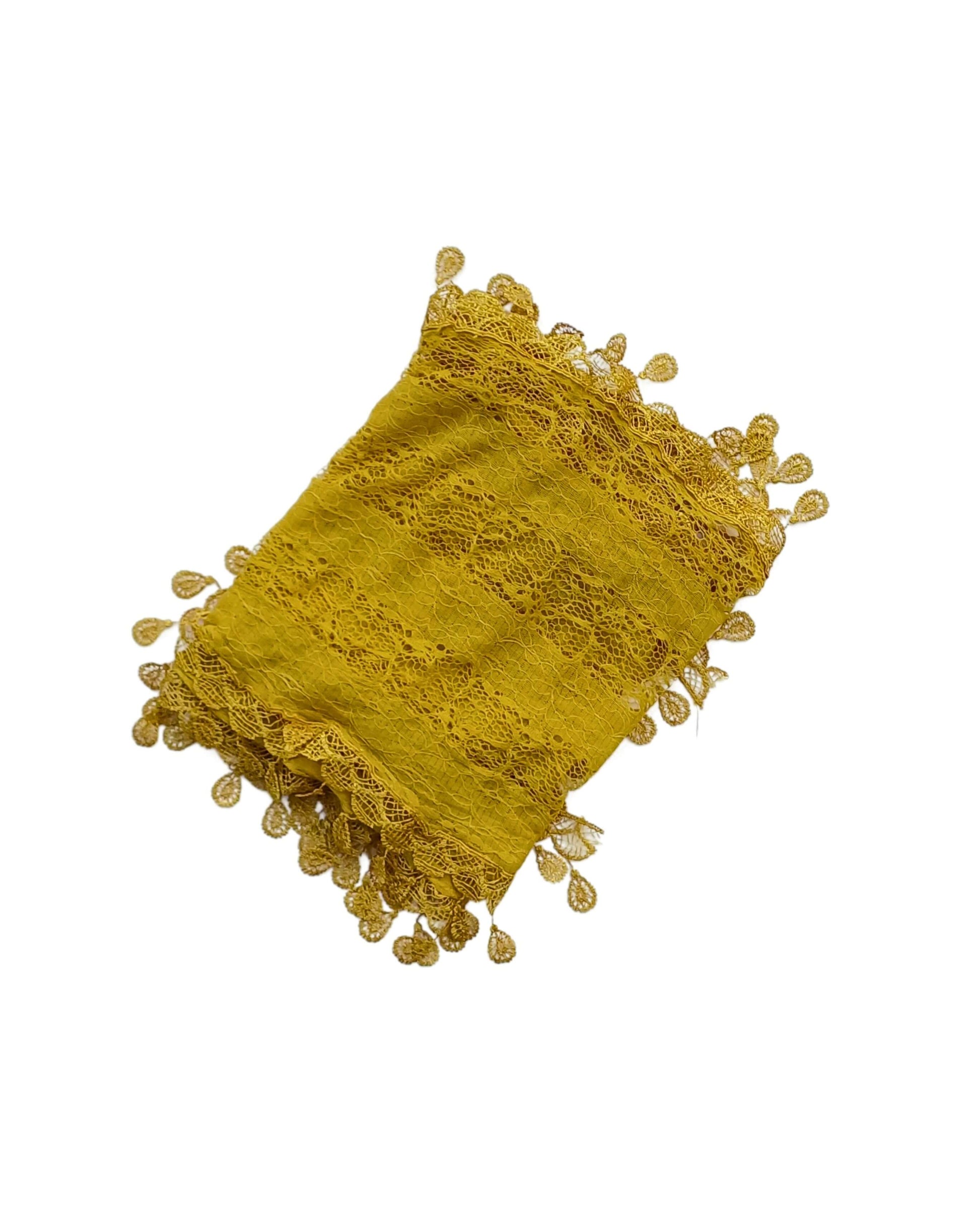 Aurora's Array: A mustard yellow lace scarf, folded to show its delicate leaf-like pattern and fringed edges.