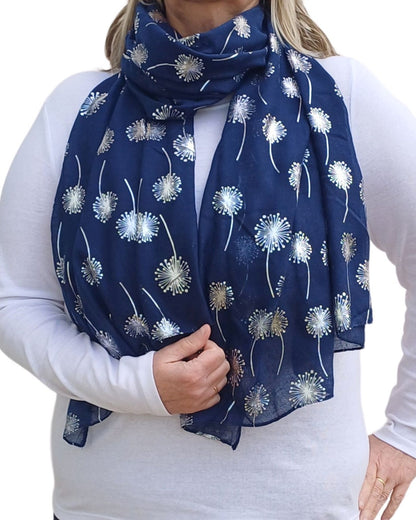 Silver Dandelion Print Lightweight Soft Cotton Mix Scarf