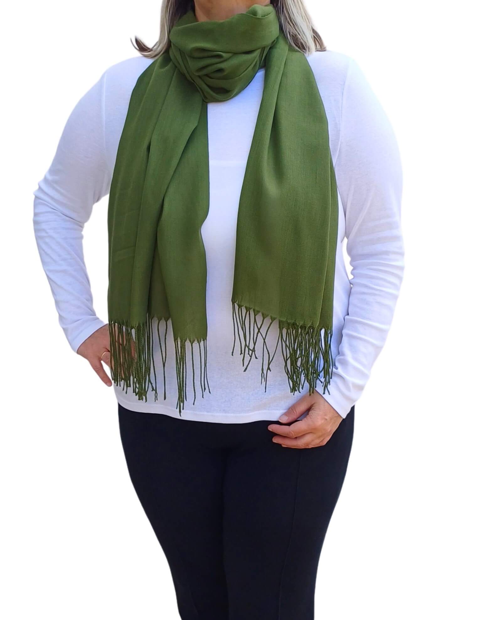 Olive-Green-Large-Lightweight-Plain-Tasselled-on-model