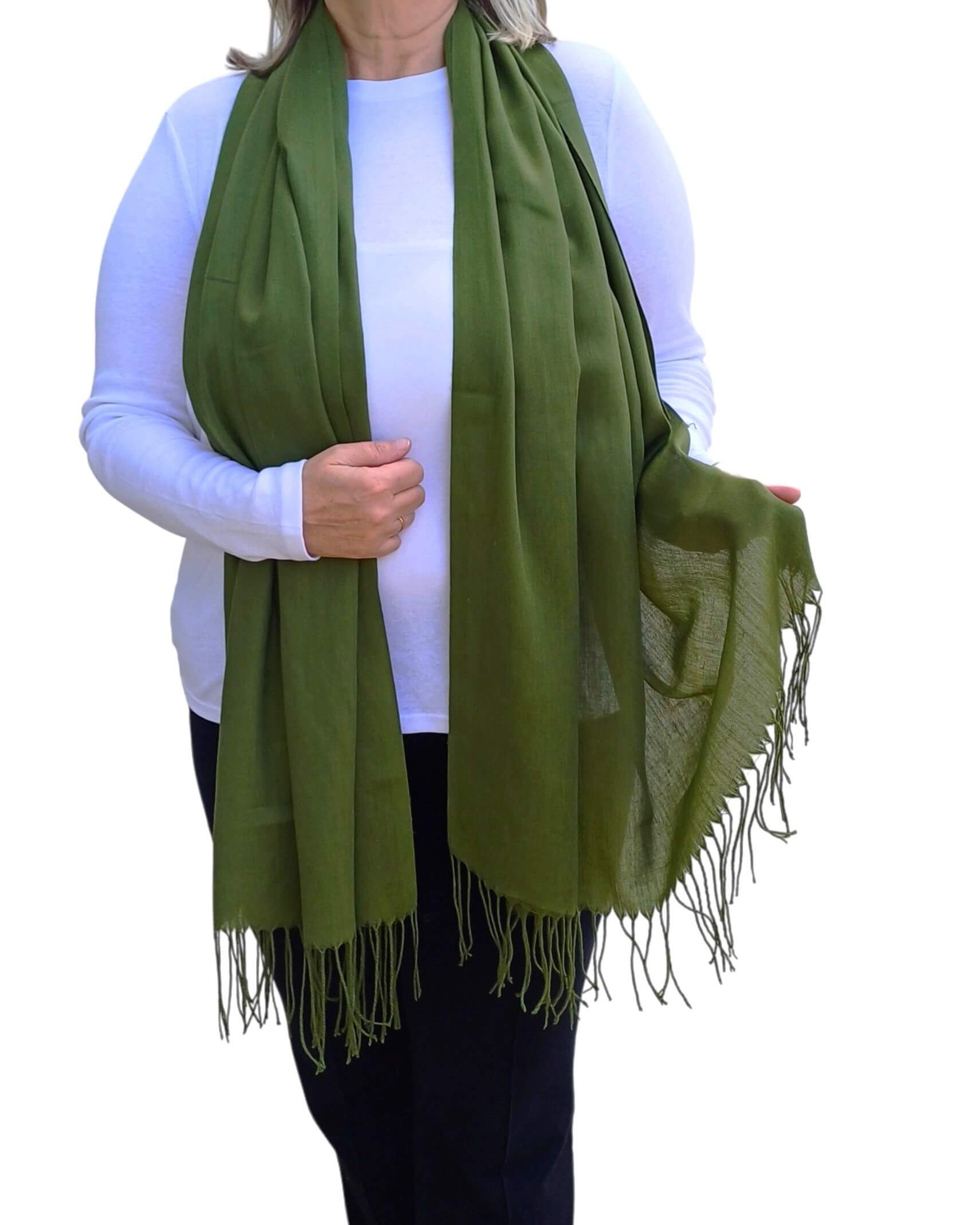 Olive-Green-Large-Lightweight-Plain-Tasselled-on-a-model