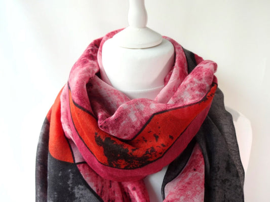 Pink oversized abstract painting colourful lightweight scarf with fringes - pink-oversized-abstract-painting-colourful-lightweight-scarf-with-fringes-Scarf