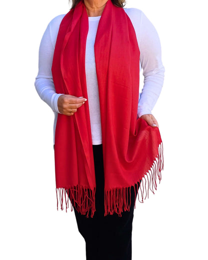 Red-Large-Lightweight-Plain-Tasselled-Pashmina-Scarf-on-model