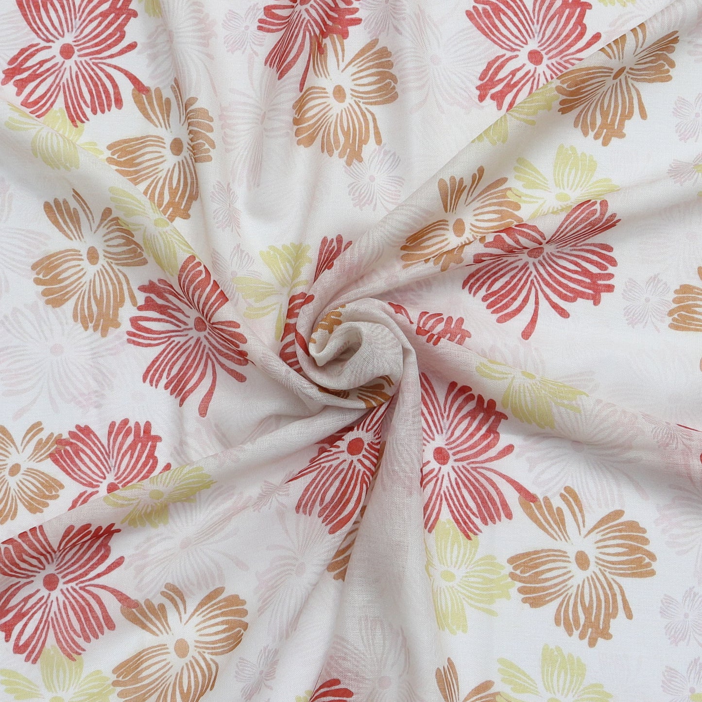 Aurora's Array: Close-up of a lightweight pale pink scarf with a vintage-inspired floral print in shades of red, orange, and yellow, swirled to show detail.