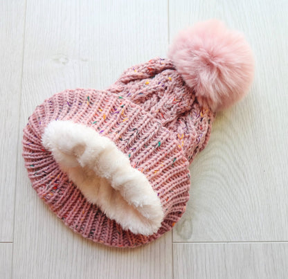 Women Hat Double Layer Fleece Line Beanie with Bobble Pom Pom - women-hat-double-layer-fleece-line-beanie-with-bobble-pom-pom-Hat