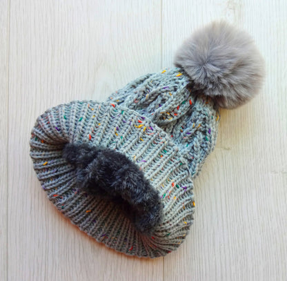 Women Hat Double Layer Fleece Line Beanie with Bobble Pom Pom - women-hat-double-layer-fleece-line-beanie-with-bobble-pom-pom-Hat