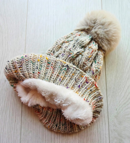 Women Hat Double Layer Fleece Line Beanie with Bobble Pom Pom - women-hat-double-layer-fleece-line-beanie-with-bobble-pom-pom-Hat