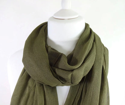 Plain oversized lightweight scarf in army green with frayed trim