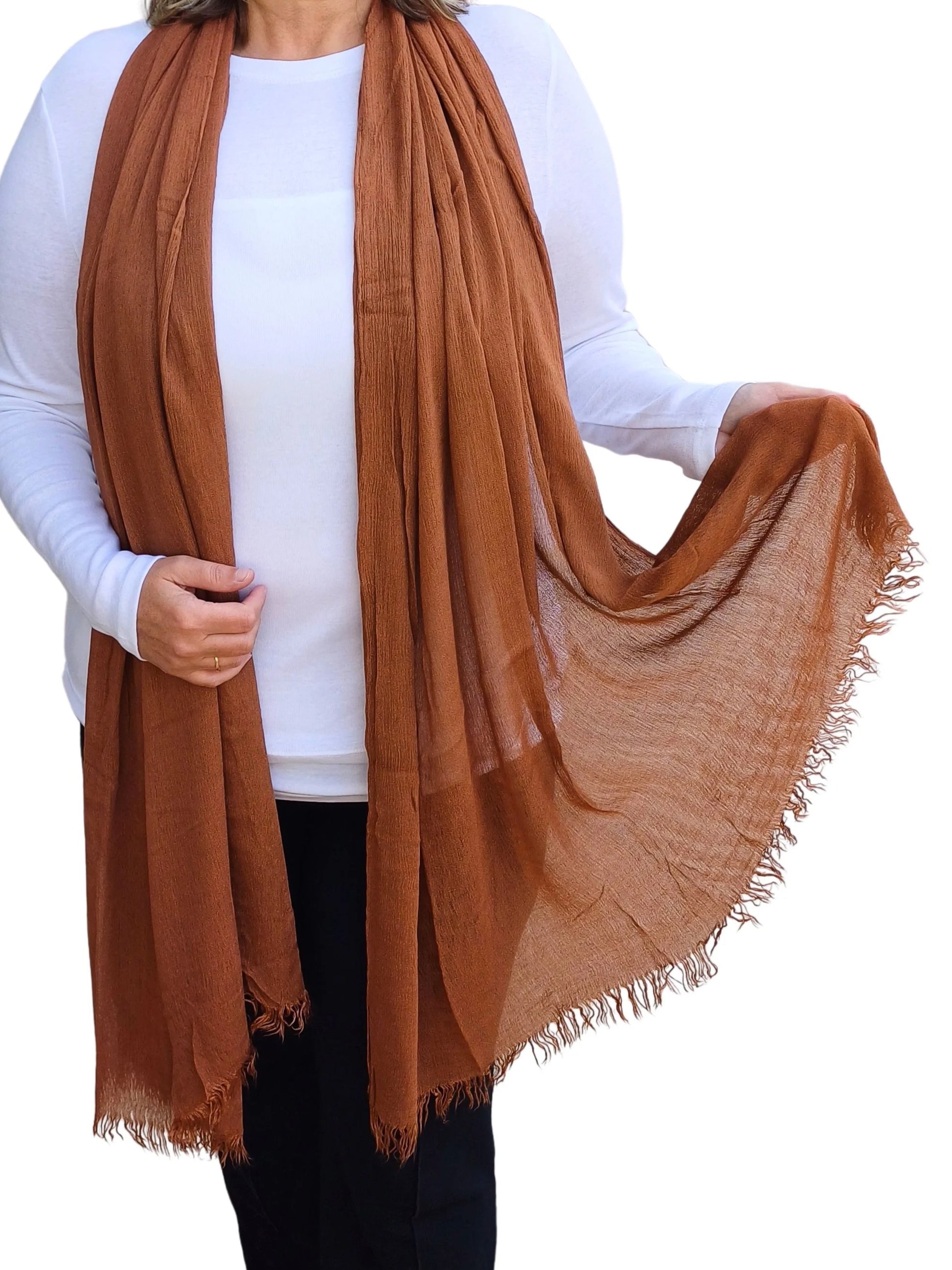 Lightweight oversized plain scarf in camel orange-brown shade