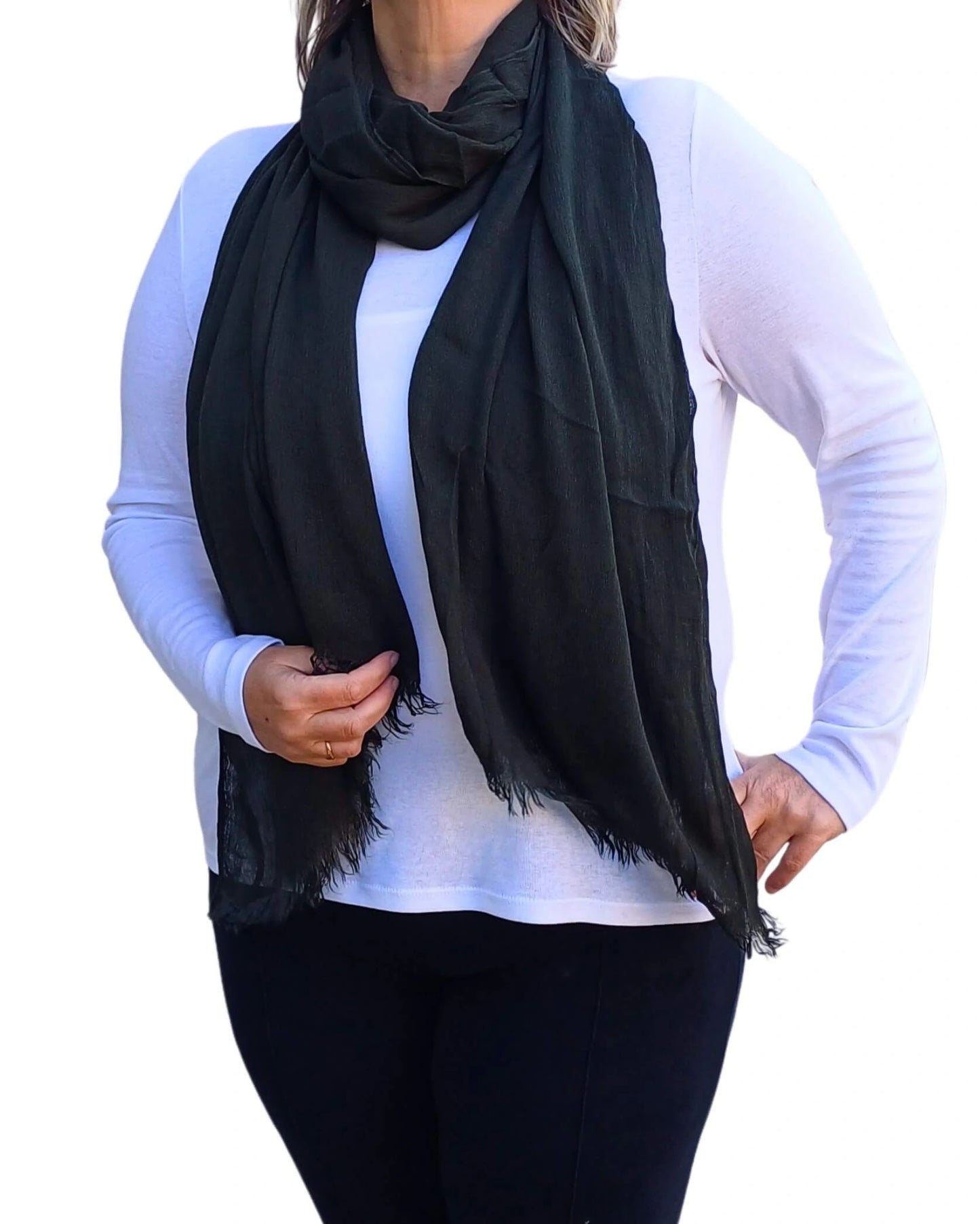 Oversized lightweight scarf with frayed edges in dark green