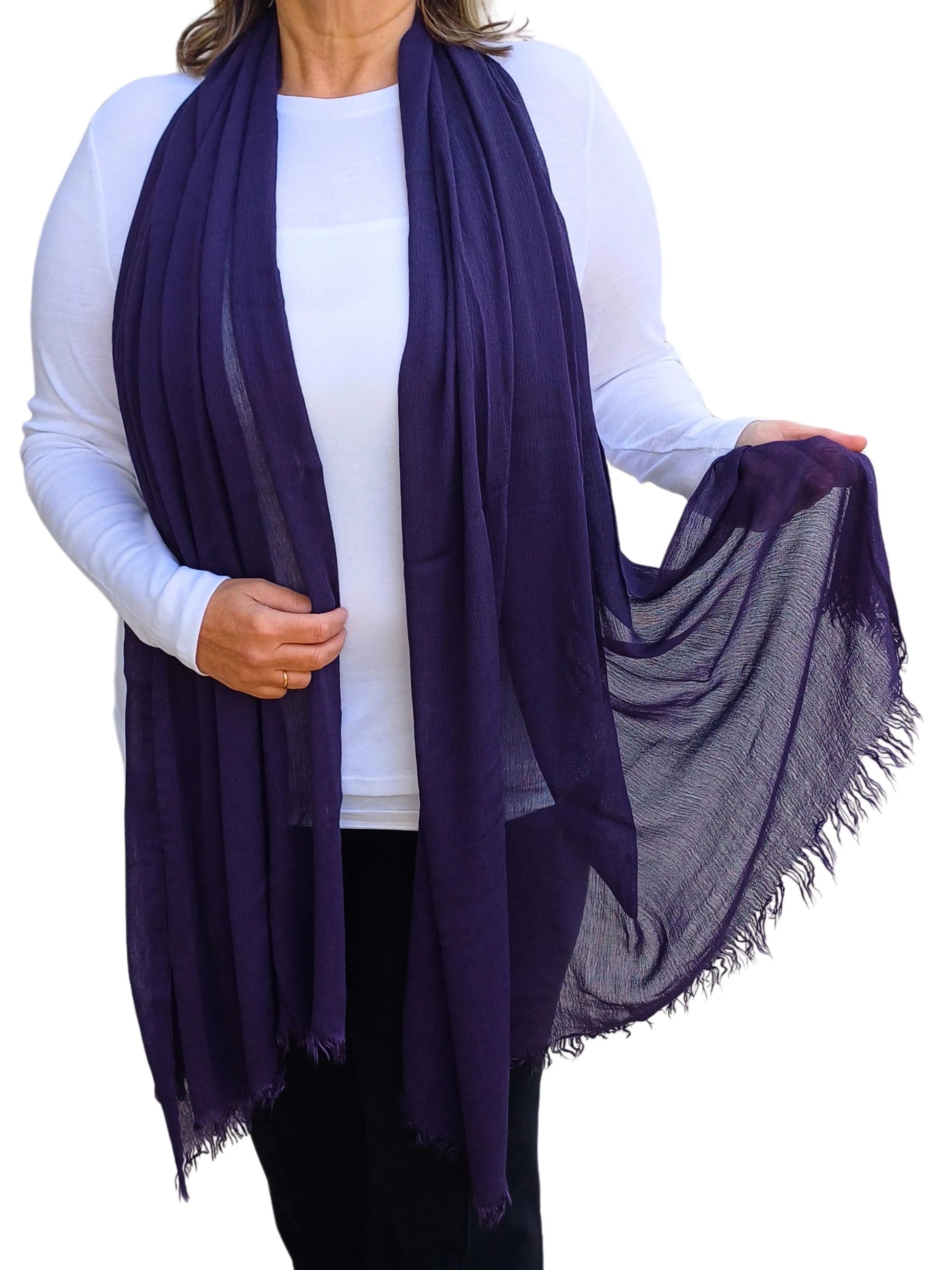 Oversized lightweight scarf in deep purple with frayed detail