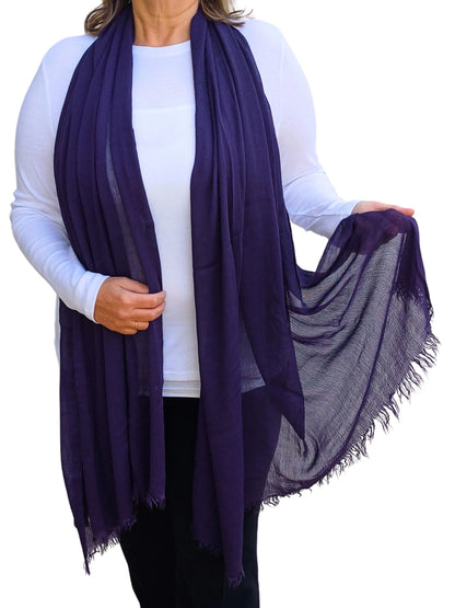 Oversized lightweight scarf in deep purple with frayed detail