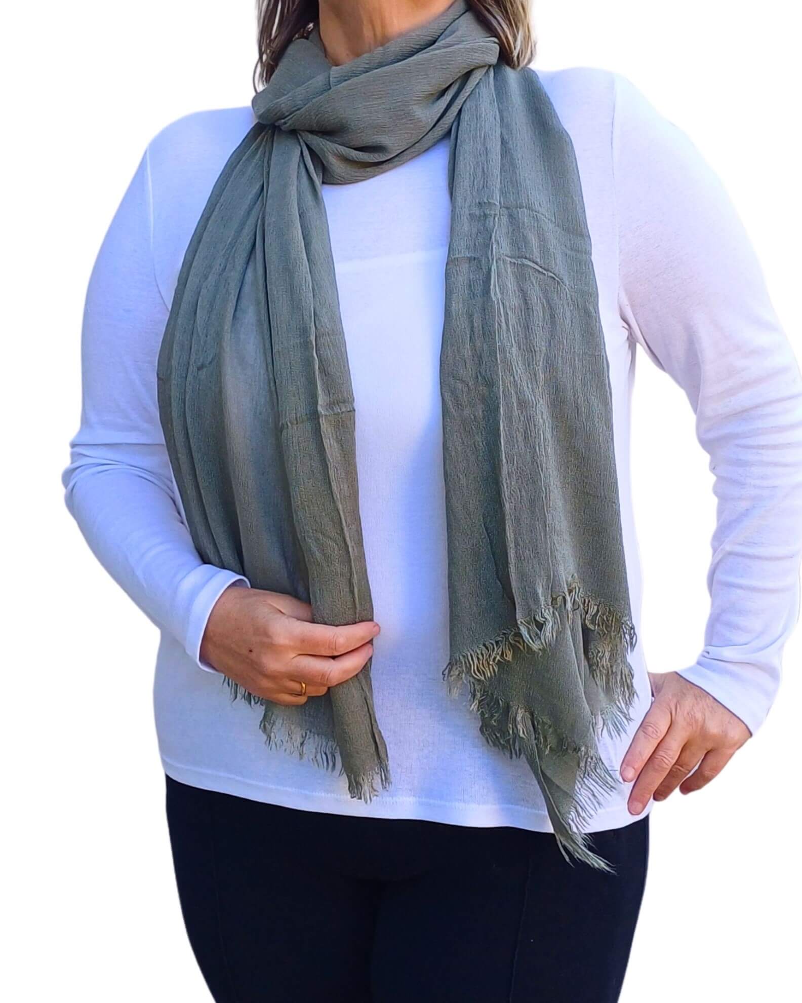 Plain oversized lightweight scarf with frayed edges in khaki green