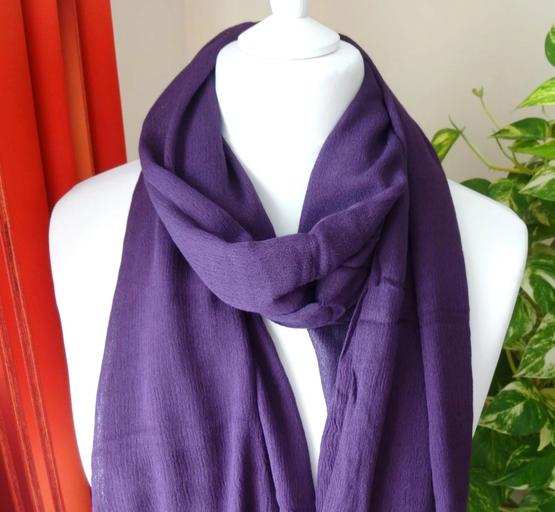 Oversized lightweight scarf wrap in purple with frayed detail