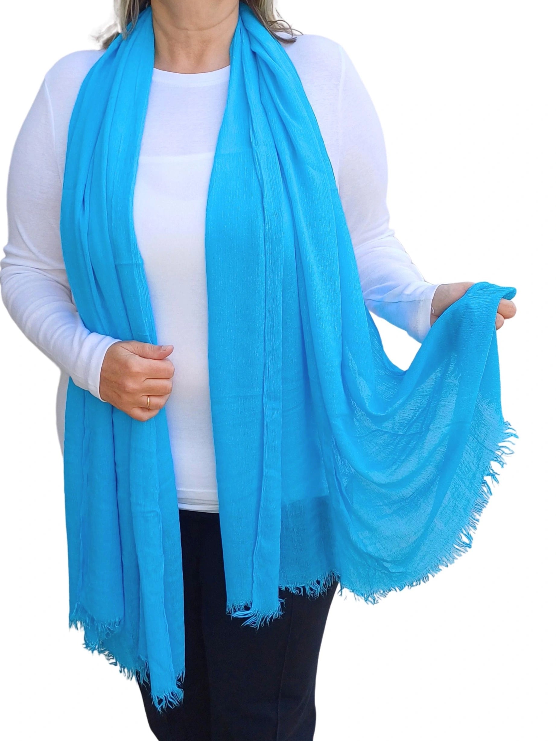 Lightweight oversized plain scarf in sky blue with frayed hem