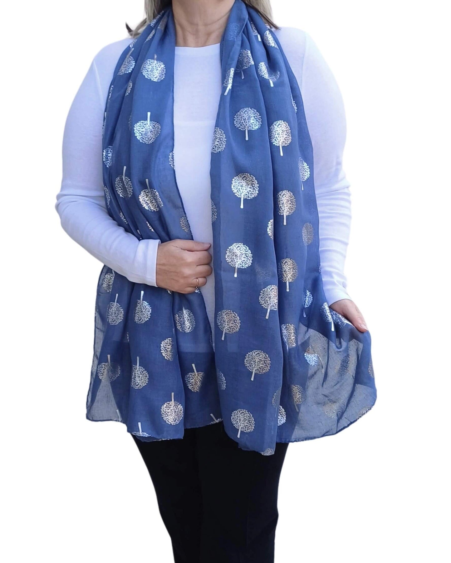 Denim blue Silver Tree of Life scarf – lightweight and soft cotton-viscose