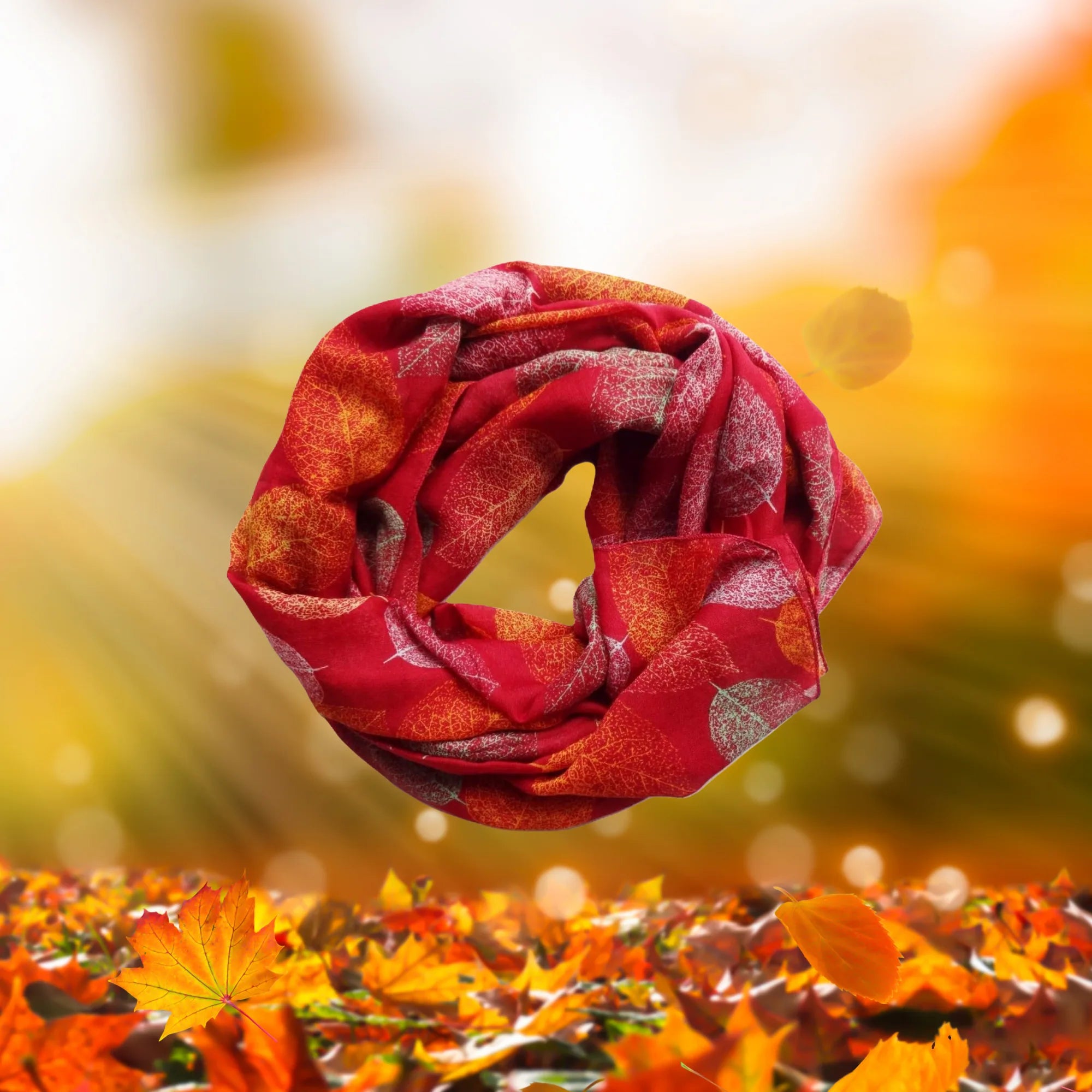Red leaf print scarf styled for autumn – Aurora's Array Autumn Edit