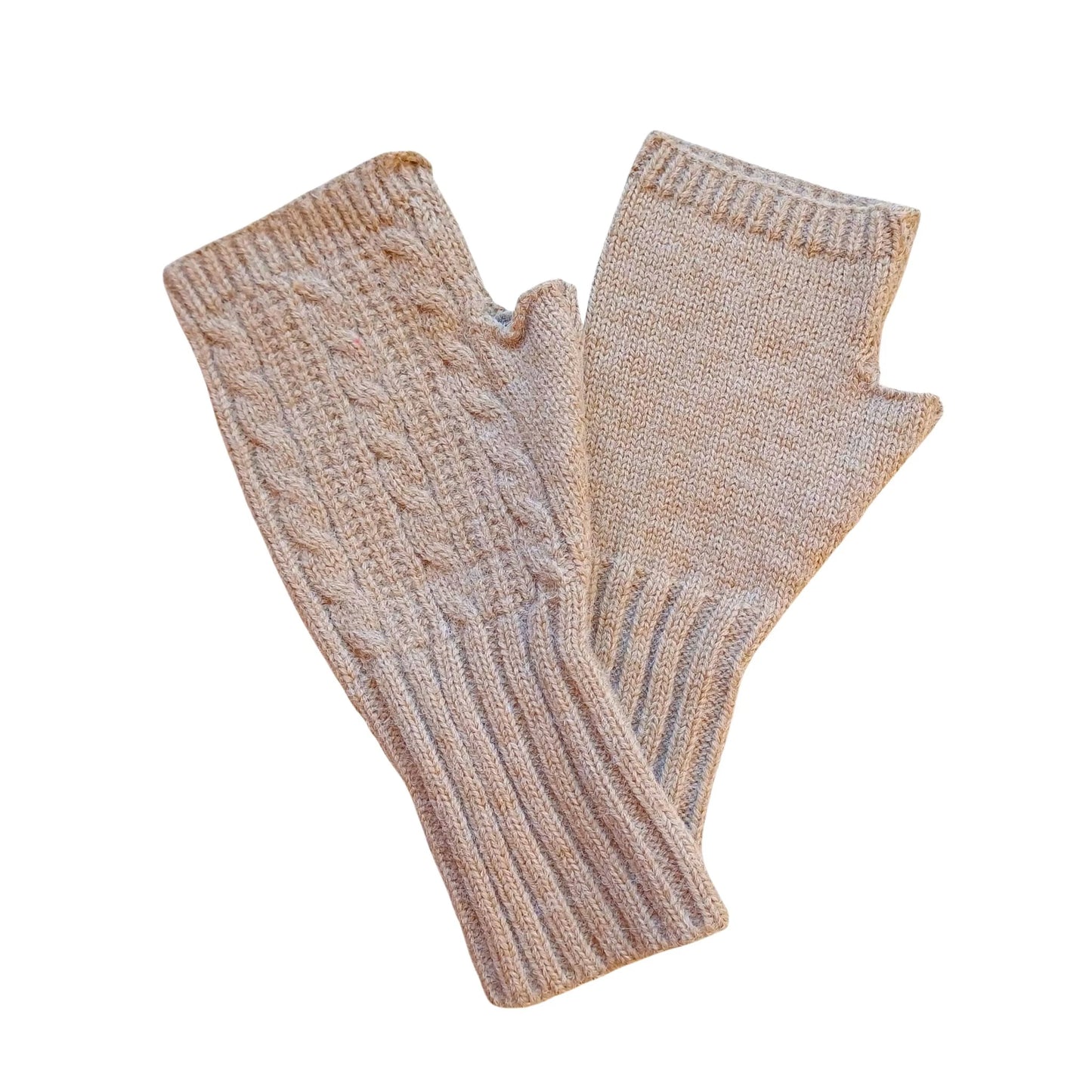 beige wool blend cable knit fingerless gloves on a white background
