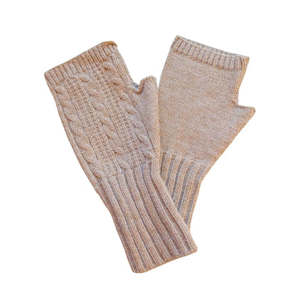 beige wool blend cable knit fingerless gloves on a white background