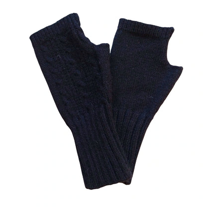 black wool blend cable knit fingerless gloves on a white background