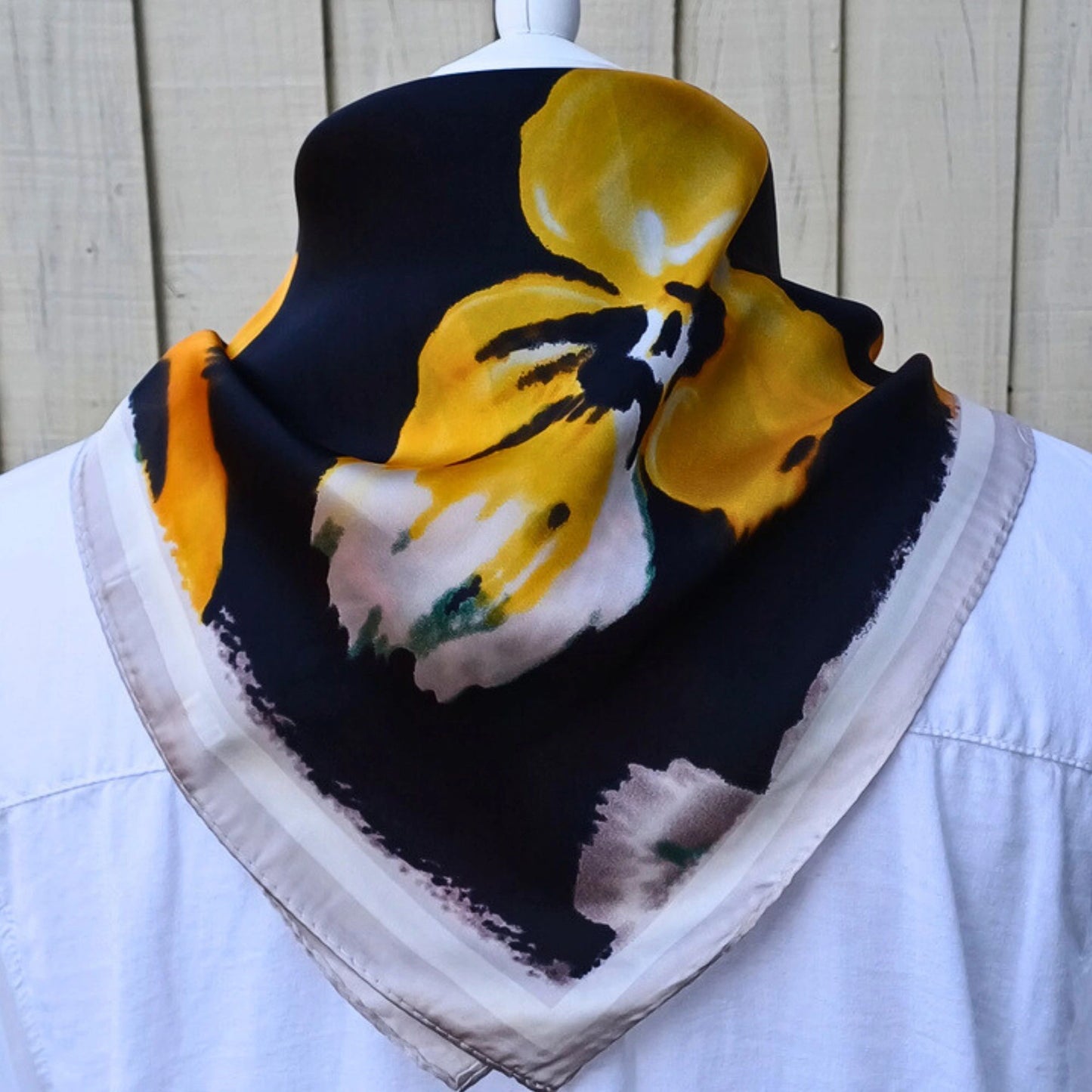 Black floral silky feel square scarf styled with white shirt