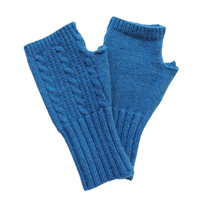 blue wool blend cable knit fingerless gloves on a white background
