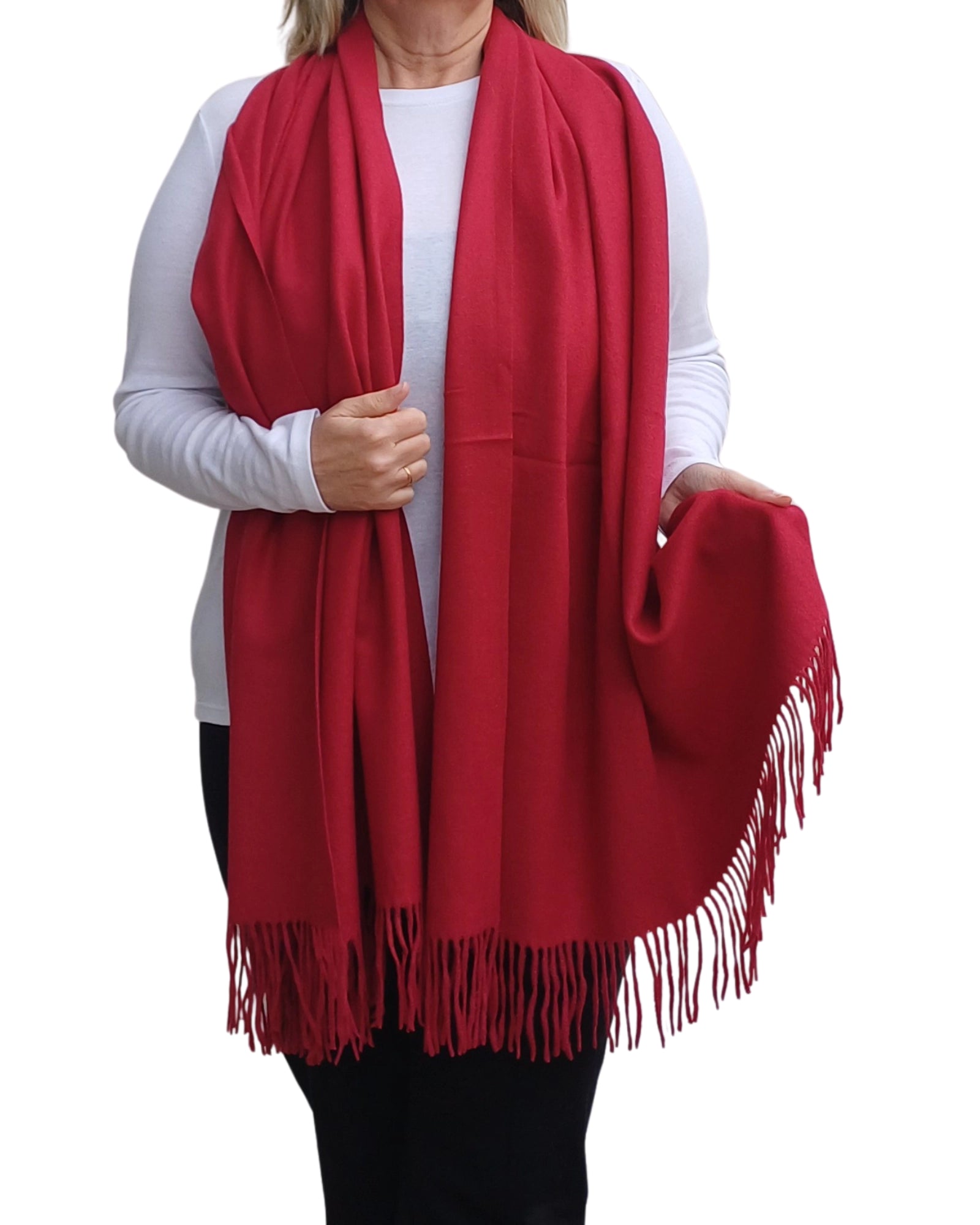 Cherry red cashmere blend blanket scarf displayed full length, medium weight with tassels, timeless winter accessory