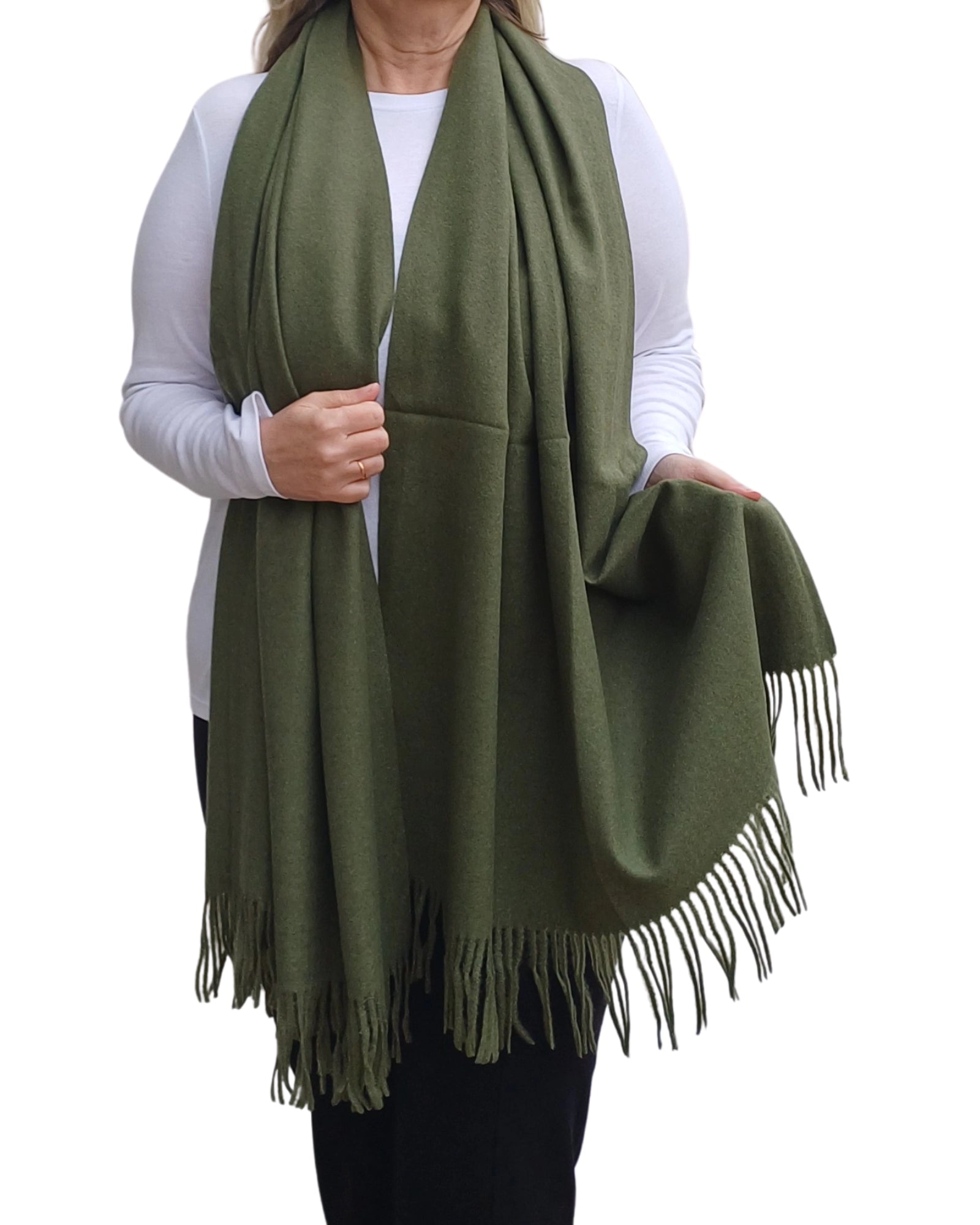 Dark green cashmere blend blanket scarf full length view, medium weight fabric with tassels, ideal elegant winter wrap