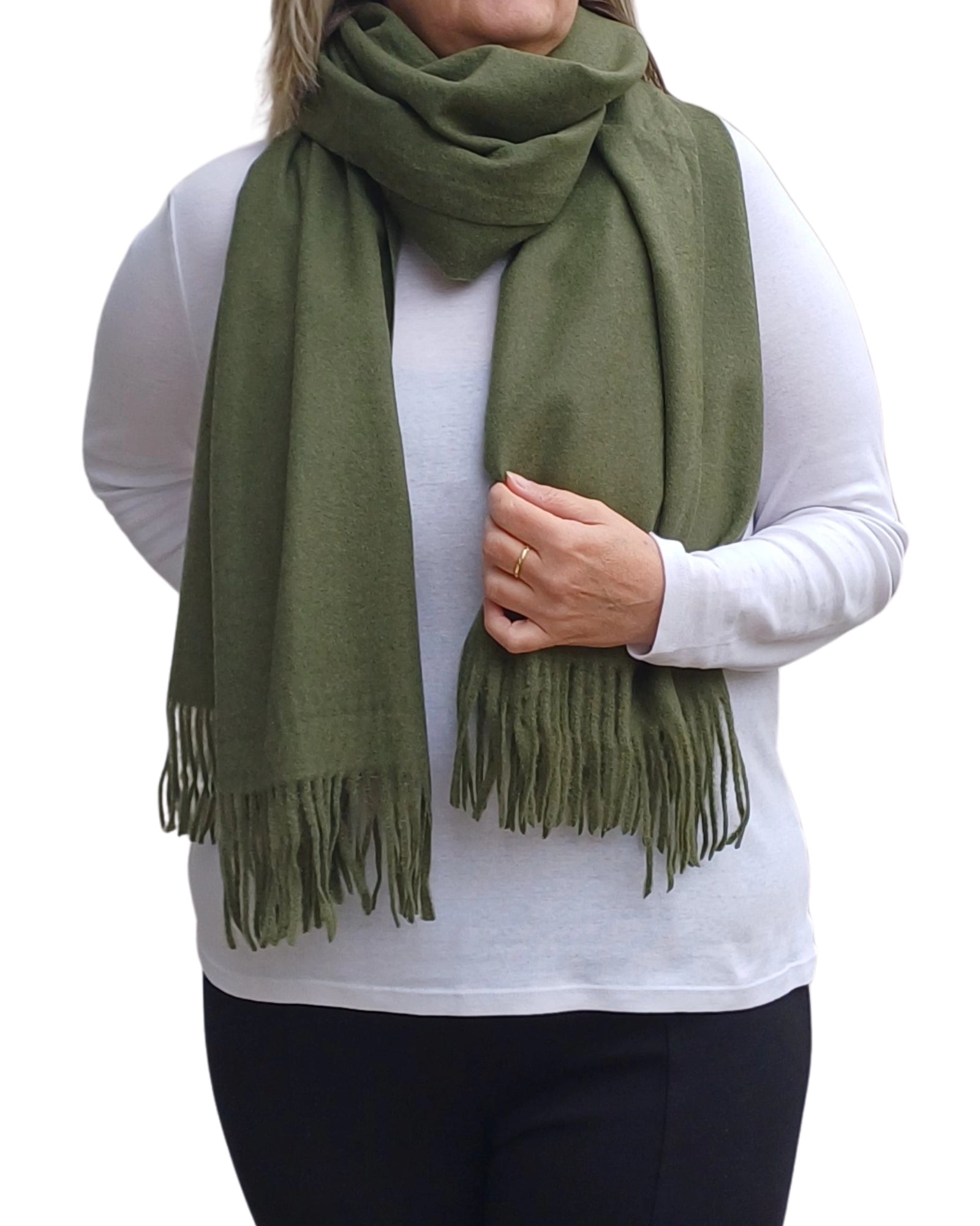 Dark green cashmere blend winter scarf styled as a wrap, soft plain medium weight fabric, perfect for layering