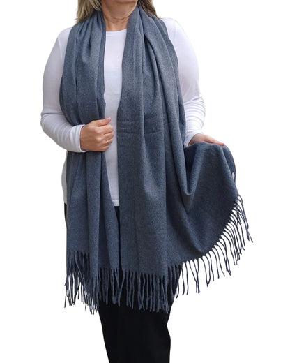 Dark grey cashmere blend blanket scarf photographed full length, medium weight with tassels, classic neutral winter piece