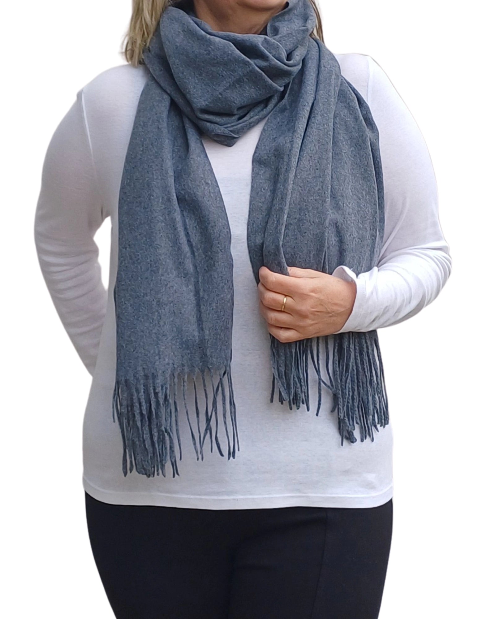 Dark grey cashmere blend winter scarf wrapped around the neck, soft medium weight fabric with elegant plain texture