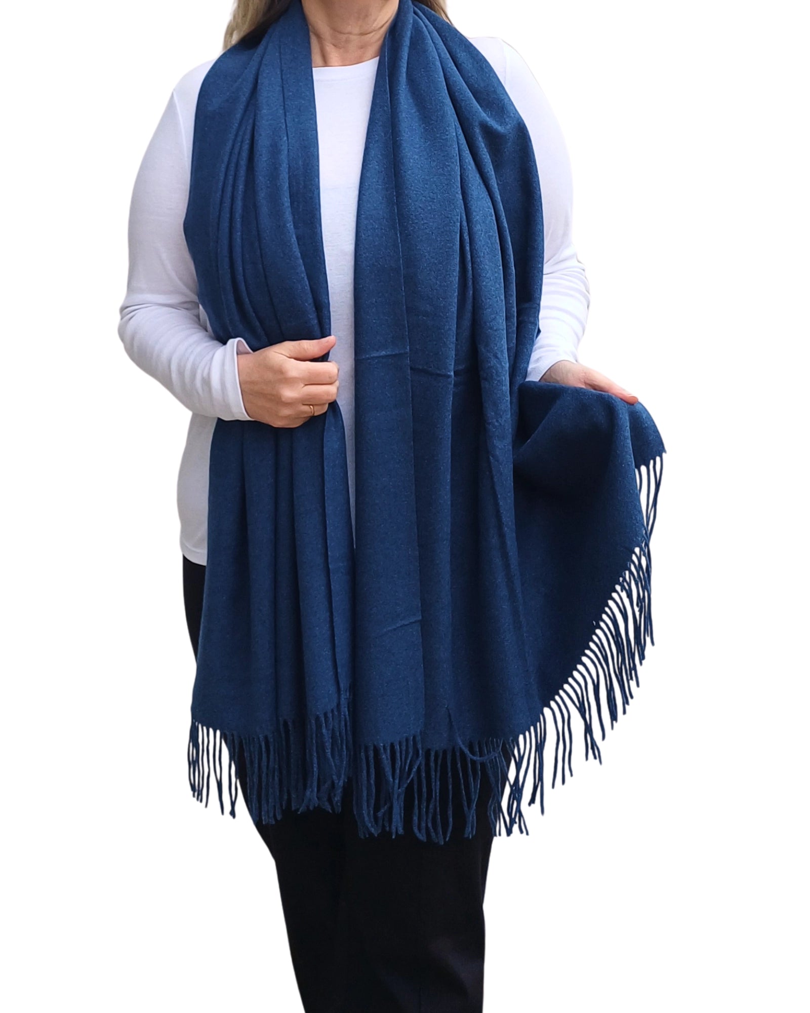 Navy cashmere blend blanket scarf full length, medium weight with tassels, elegant plain design for classic winter looks