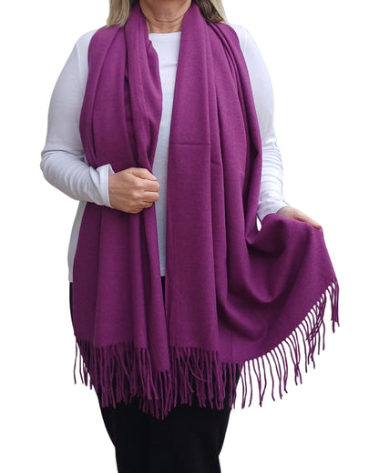 Purple cashmere blend blanket scarf full length, medium weight with tassels, vibrant elegant winter accessory